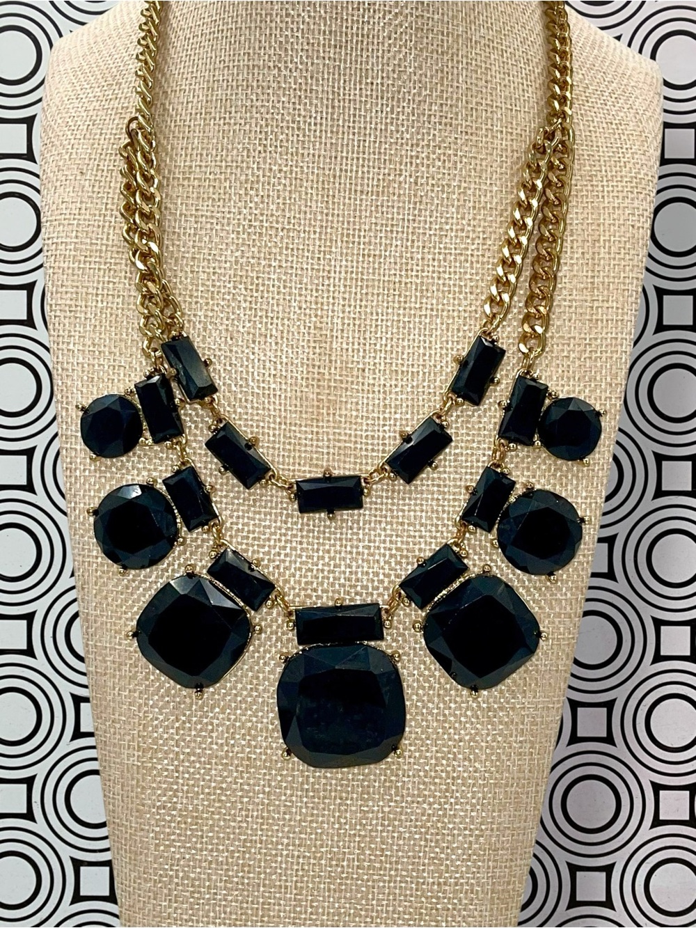 Fabulous Mika Black & Gold Faceted Faux Stone Double Strand Statement Necklace